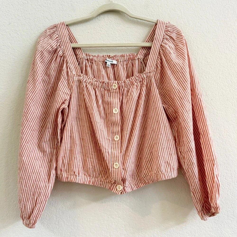 Madewell Womens Red White‎ Striped Cotton Puff Sleeve Button Front Crop Top M
